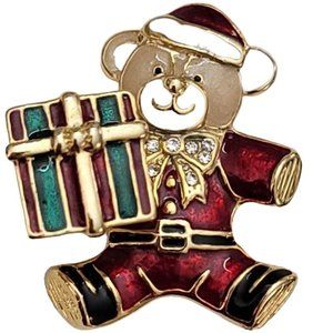 Red Green Enamel Clear Rhinestone Christmas Bear With Gift Trembler Brooch, K826